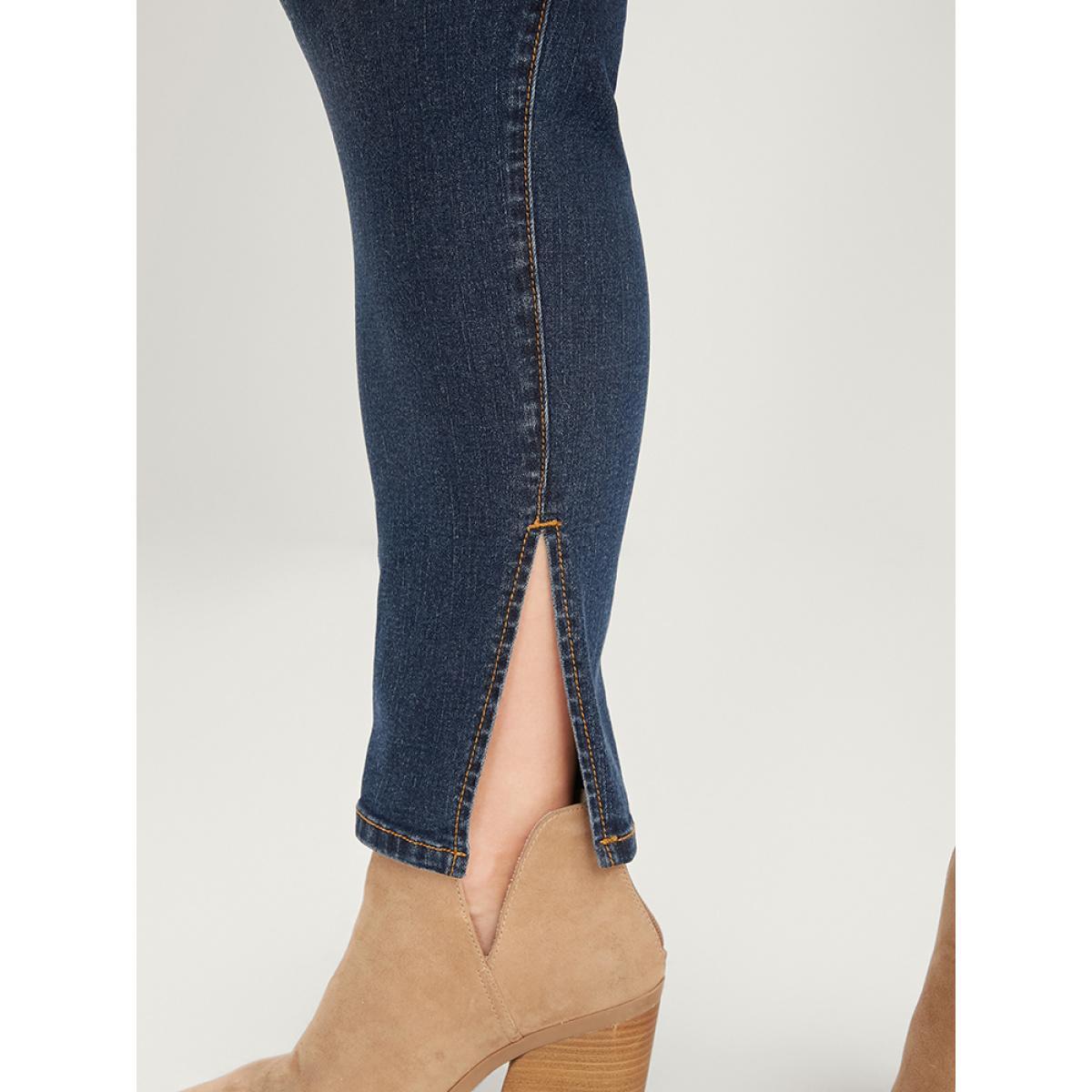 Plus Size Mom Jeans Skinny Moderately Stretchy High Rise Medium Wash Split Jeans Women Indigo Casual Plain Medium stretch Pocket Jeans BloomChic 26/4X Product Image