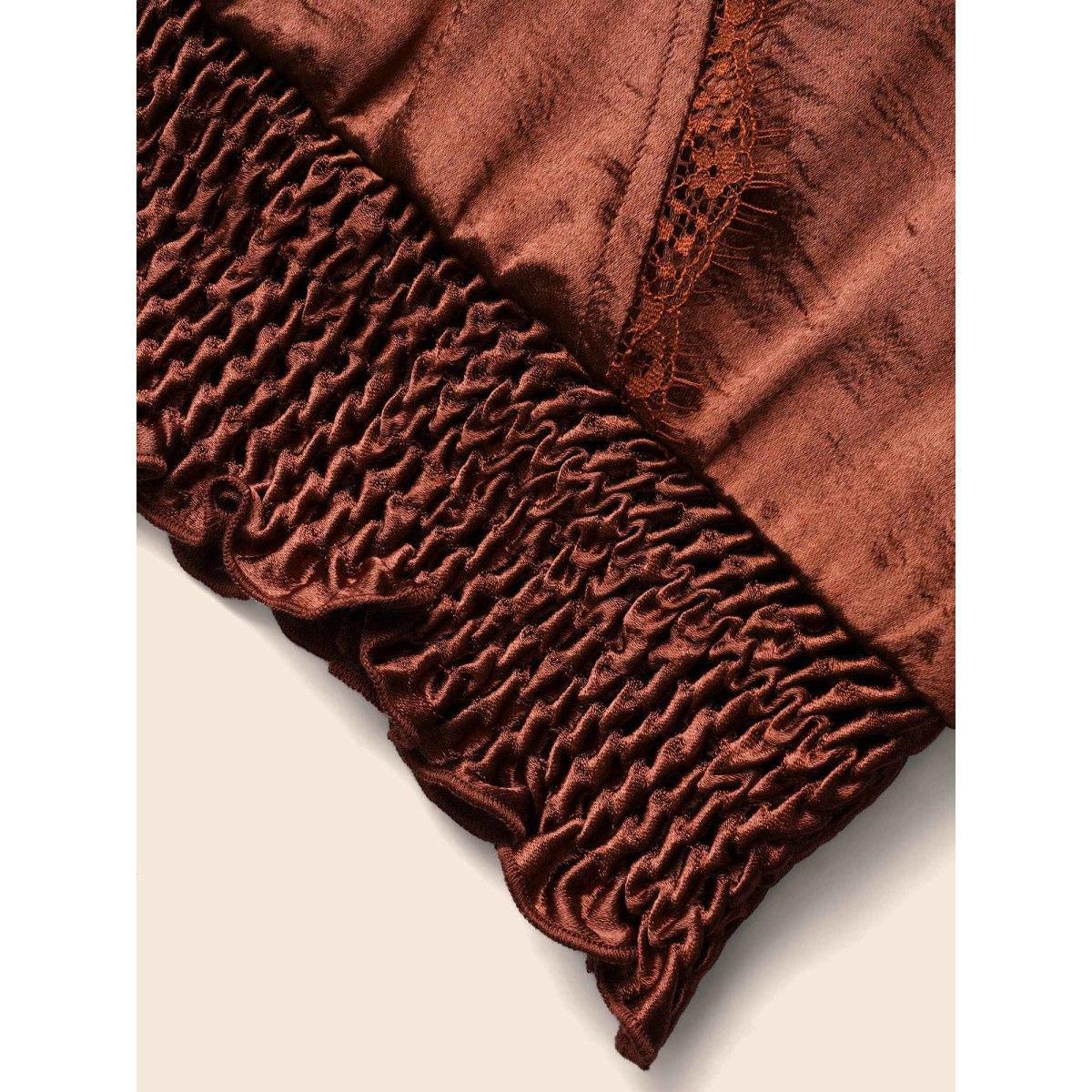 Plus Size Browncoffeecolor Overlap Collar Shirred Lace Trim Blouse Women Cocktail Long Sleeve Overlap Collar Party Blouses BloomChic 30/6X Product Image