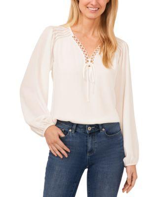 CeCe Womens Circular Trim Pin-Tuck Long Sleeve Blouse Product Image