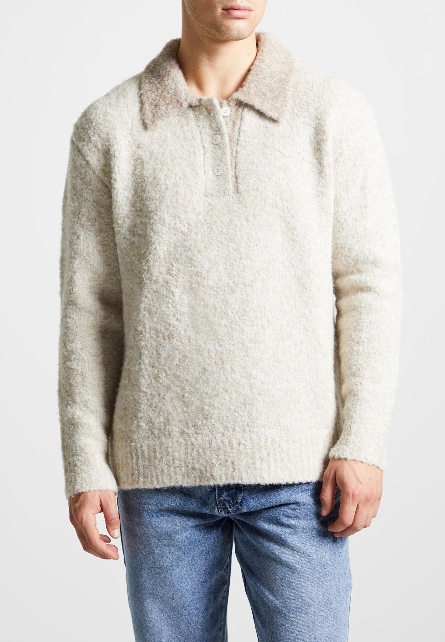 Boucle Knit Contrast Polo Jumper - Cream Male Product Image