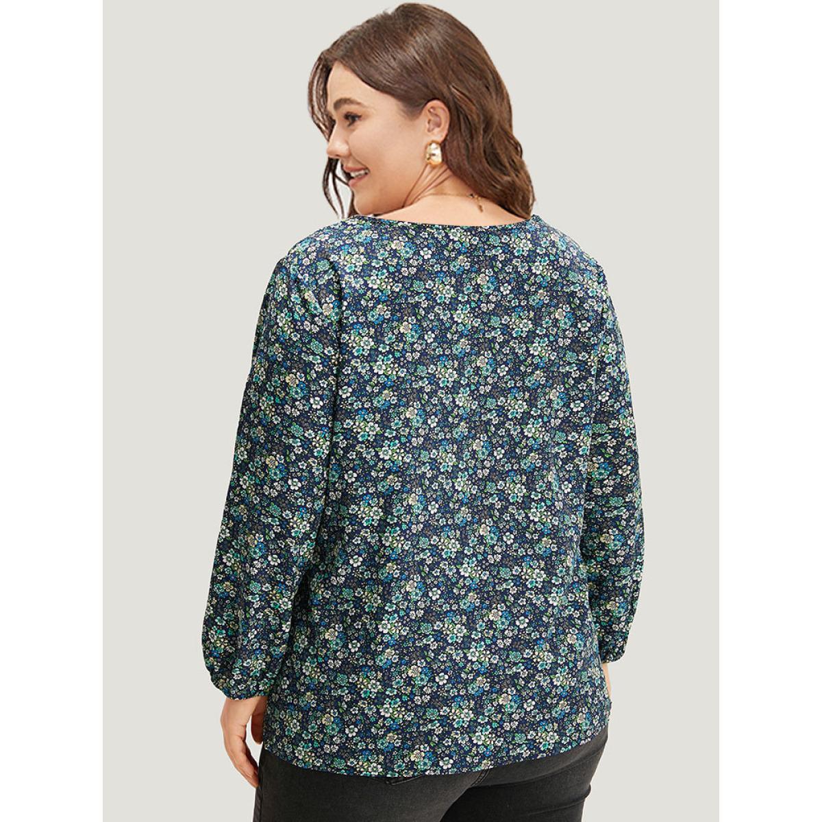 Plus Size Indigo Ditsy Floral Knot Neck Elastic Cuffs Blouse Women Elegant Long Sleeve Tie Neck Everyday Blouses BloomChic 22-24/3X Product Image