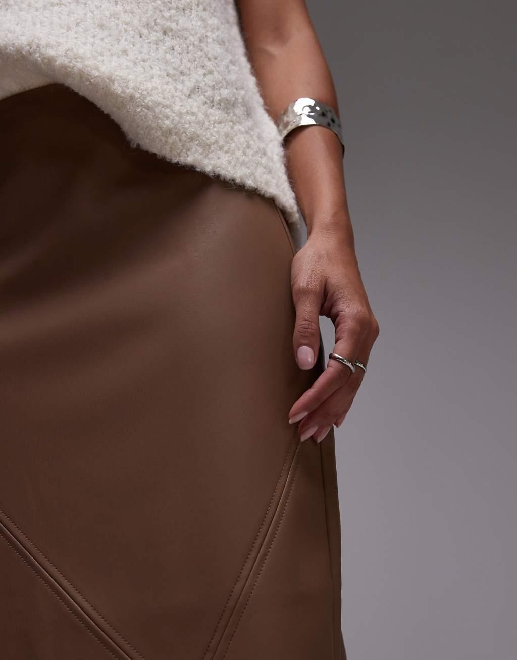 Topshop faux leather clean midi skirt in coffee Product Image