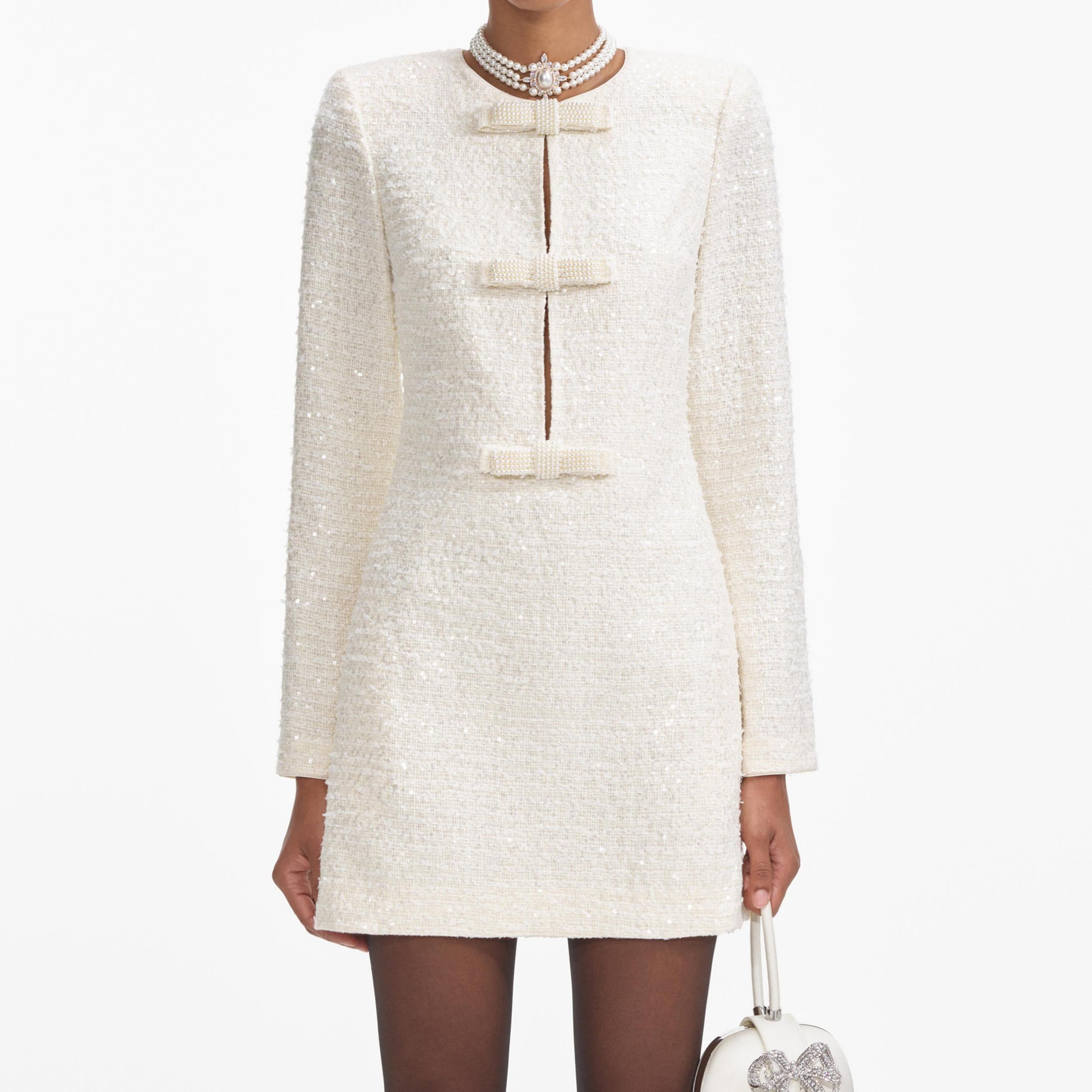 Cream Boucle Diamante Bow Mini Dress Product Image