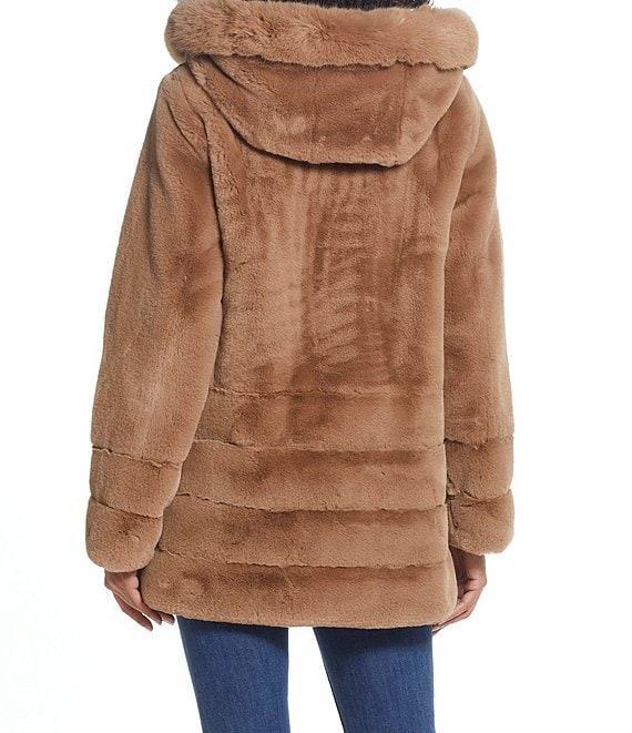Gallery Grooved Water Resistant Faux Fur Stand Collar Hooded Snap Front Swing Coat Product Image