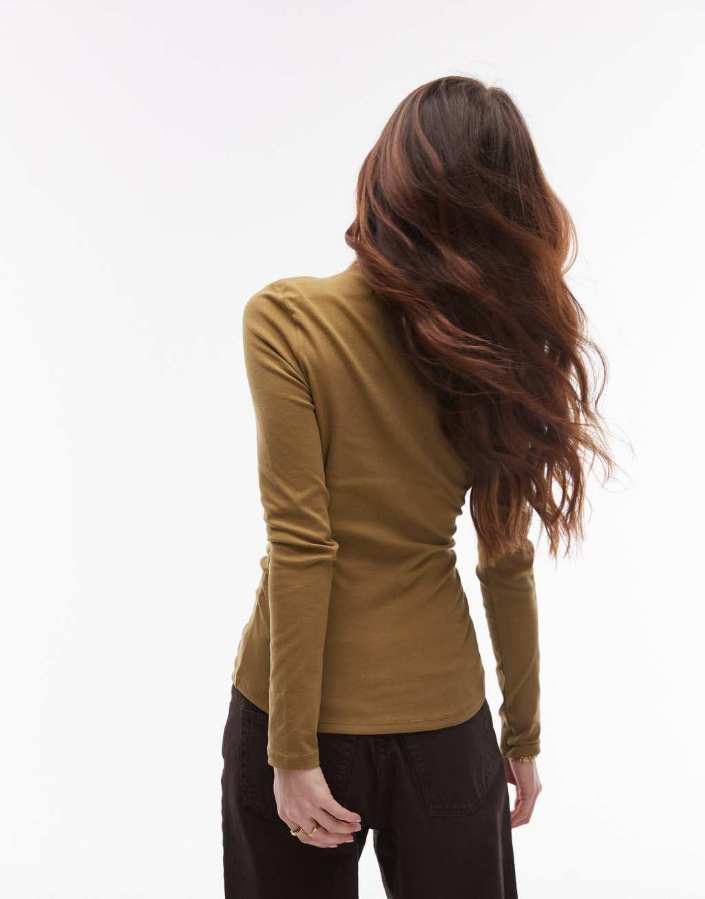 Topshop funnel neck long sleeve top in green Product Image