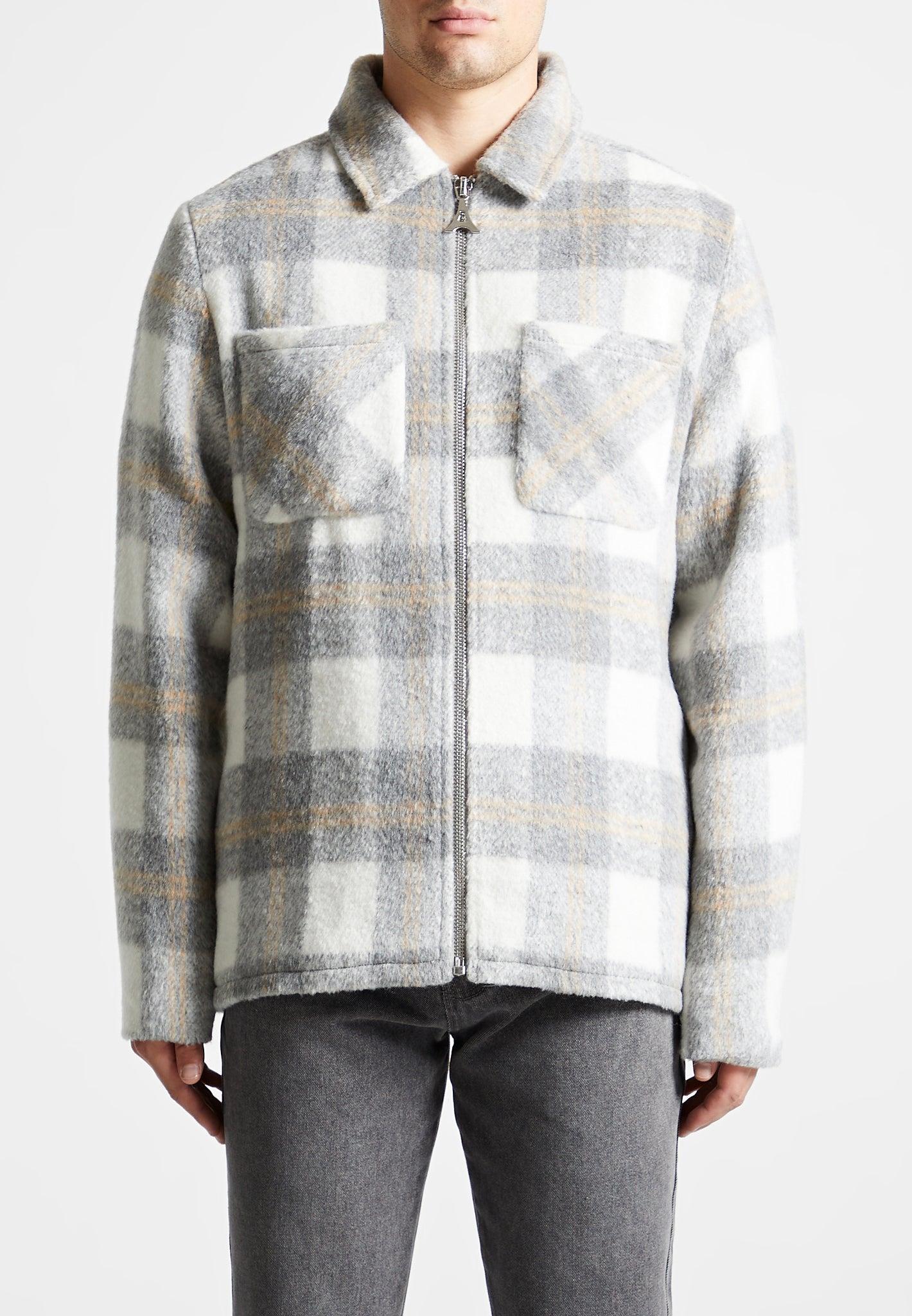 Checked Wool Shacket - Grey Male Product Image