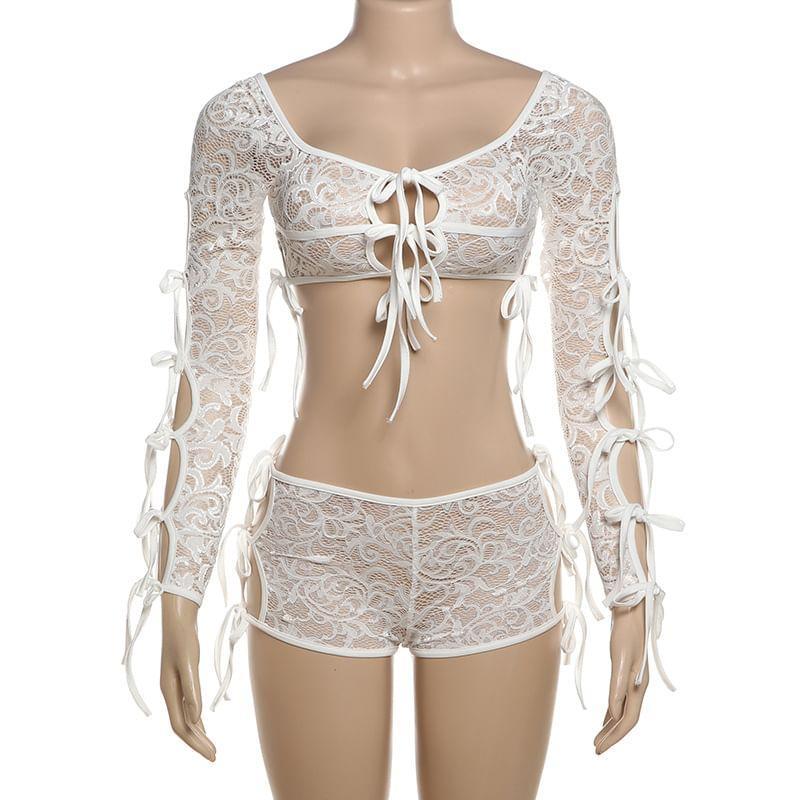 Set: Long Sleeve Square Neck Plain Cutout Tie-Up Lace Crop Top + Mid Rise Shorts Product Image