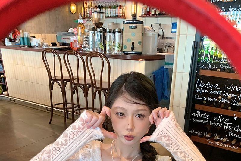 Long-Sleeve Peter Pan Collar Bow Accent Slit Lace Crop Blouse Product Image