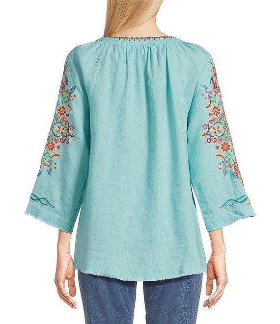 John Mark Paisley Print Floral Embroidered Split V-Neck 3/4 Sleeve Frayed Tassel Tie Tunic Product Image