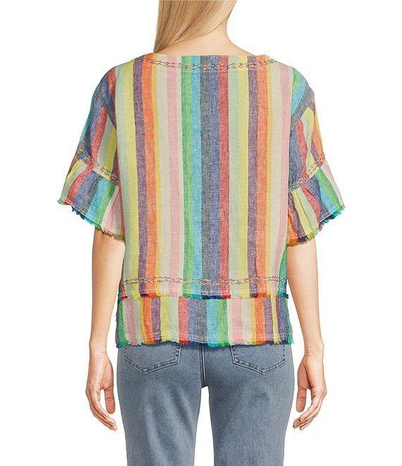 John Mark Embroidered Yarn-Dye Stripe Crew Neck Short Ruffle Hi-Low Hem Top Product Image