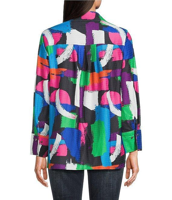 Calessa Petite Size Textured Knit Geometric Multicolor Point Collar Long Sleeve Button Front Tunic Product Image