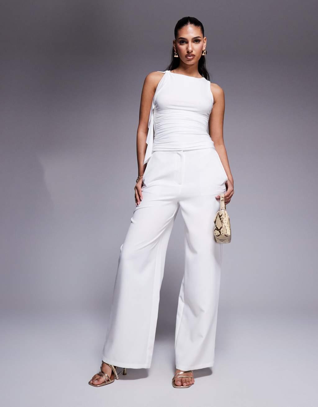 Kaiia slinky ruched drape detail sleeveless top in white Product Image