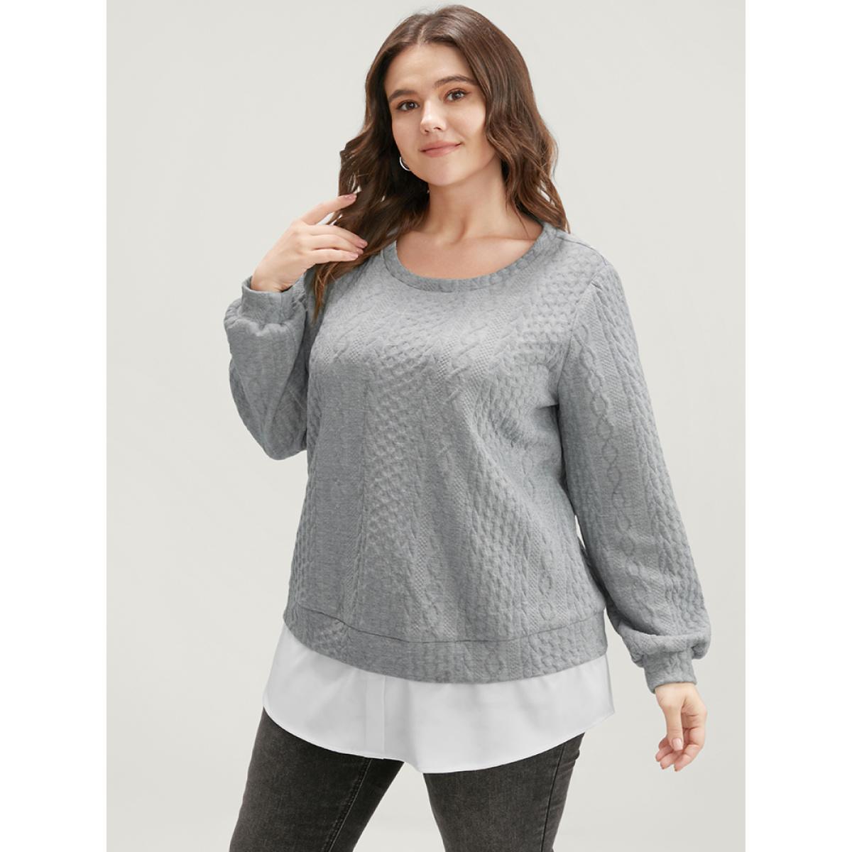 Plus Size Solid Textured Round Neck 2-In-1 Sweatshirt Women Gray Casual Patchwork Round Neck Dailywear Sweatshirts BloomChic 22-24/3X Product Image