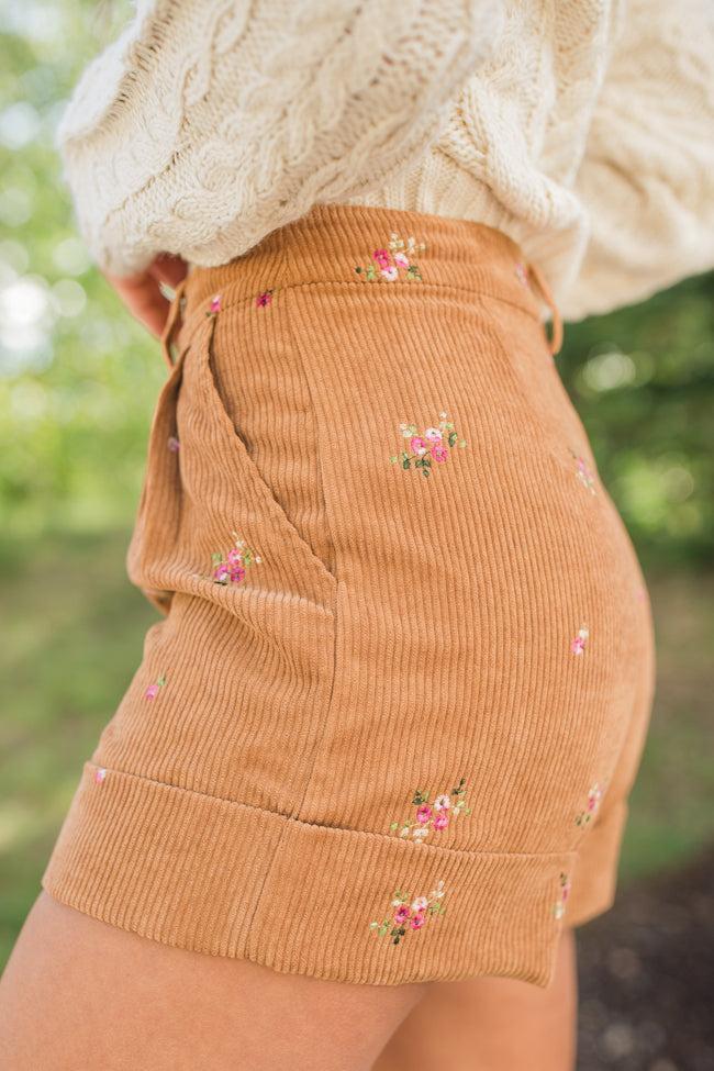 So Glad We're Buds Brown Floral Embroidered Corduroy Shorts FINAL SALE Product Image