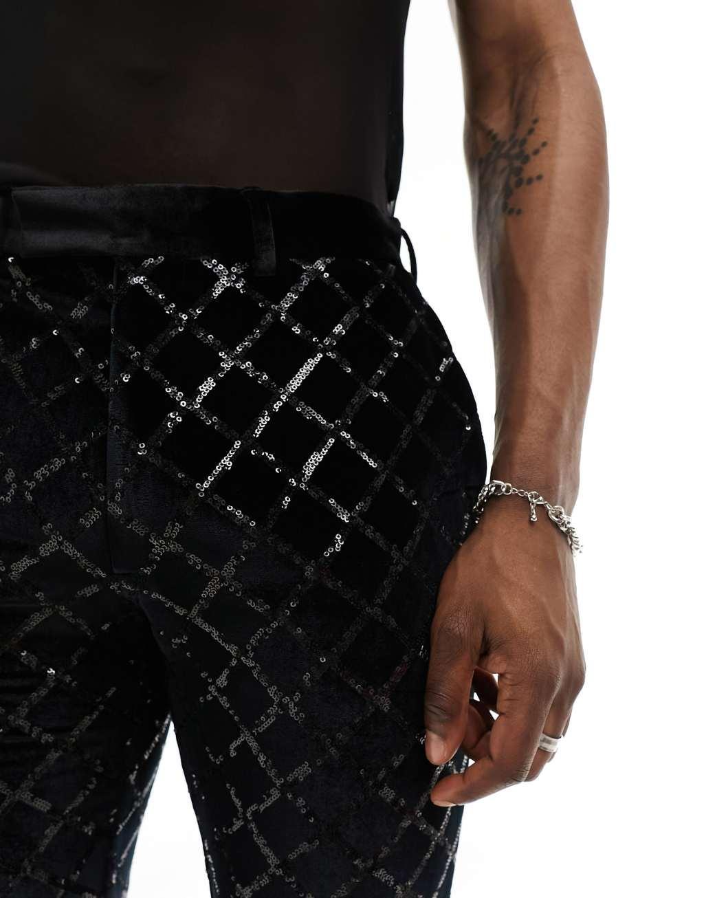 ASOS DESIGN skinny diamond sequin suit pants in black Product Image