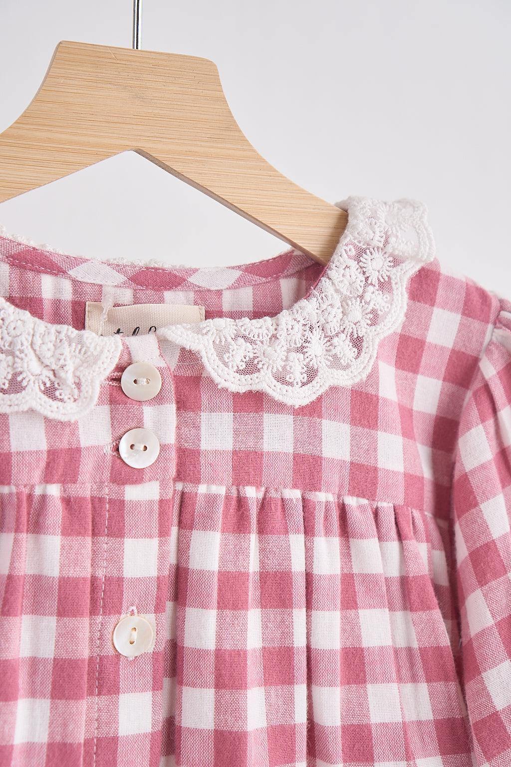 Pink gingham flannel lace  dress Product Image