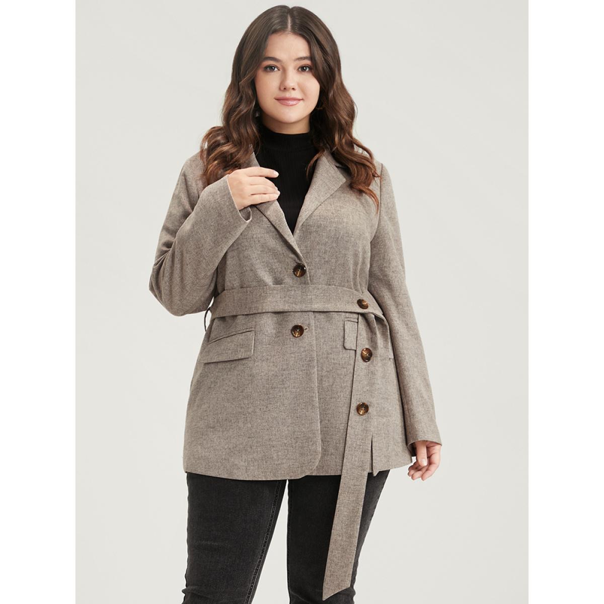 Plus Size Solid Button Suit Collar Belted Flap Pocket Blazer LightGray Women Work Plain Sleeve Long Sleeve Suit Collar 18-20/2X Pocket Belt Office Blazers BloomChic Product Image