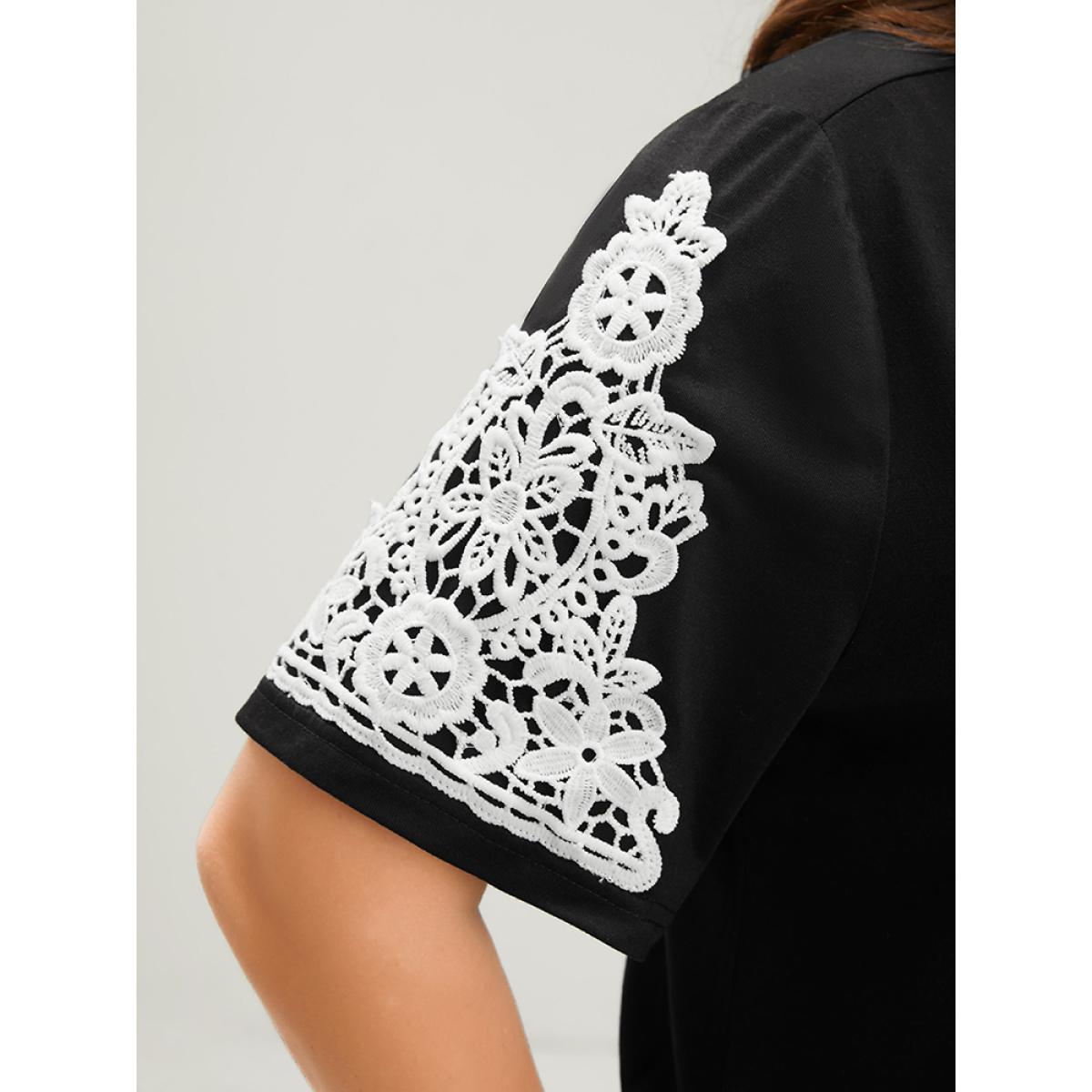 Plus Size Plain Contrast Lace V Neck T-shirt Black Women Elegant Lace Plain V-neck Dailywear T-shirts BloomChic 22-24/3X Product Image