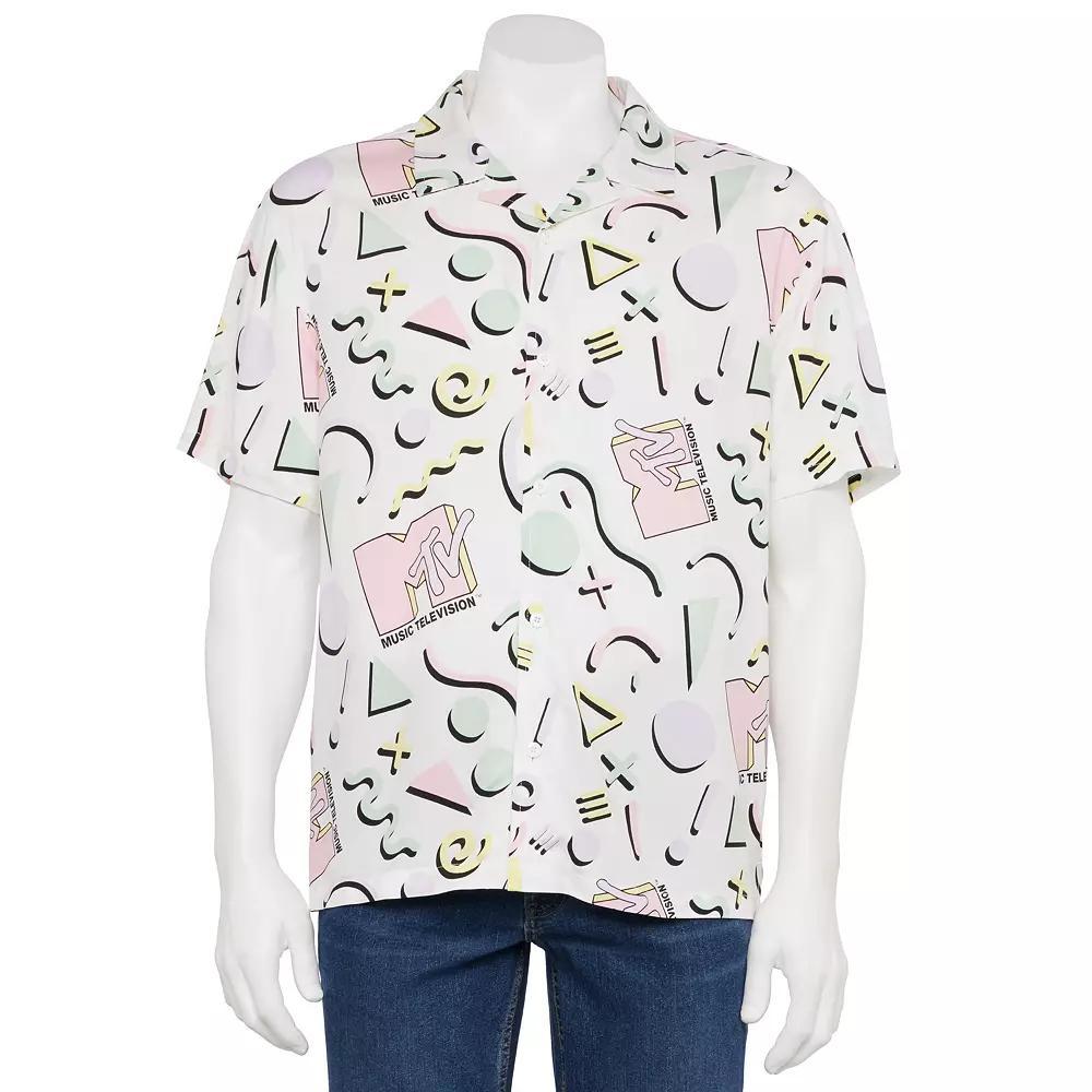 Men's MTV 90's Print Button Front Top, Size: Medium, Light Blue Product Image