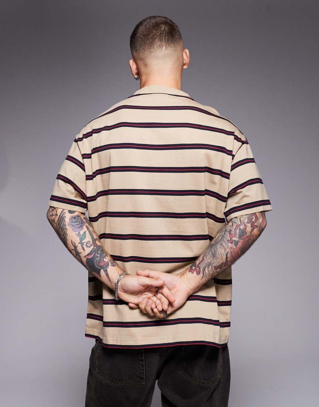 HUGO Blue nistripo oversized t-shirt in beige and dark blue horizontal stripe Product Image