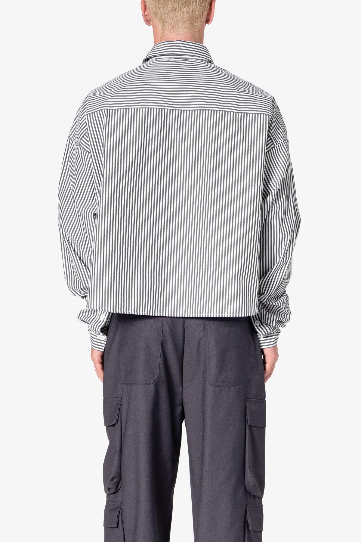 Striped Cropped Button Down Shirt - Black Product Image