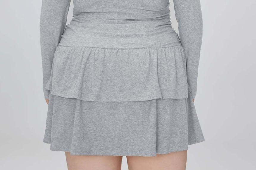 Plus Size Long-Sleeve Scoop Neck Henley Melange Tiered Mini A-Line Dress Product Image