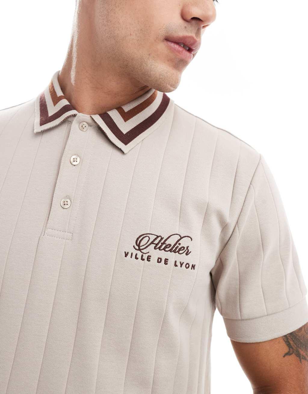 ASOS DESIGN tipped collar ribbed polo with chest embroidery in beige Product Image