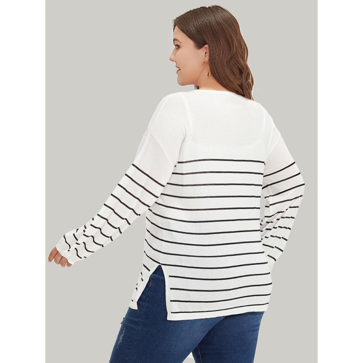Plus Size Striped Split Side Lightweight Elastic Cuffs Pullover White Women Casual Loose Long Sleeve Round Neck Everyday Pullovers BloomChic 30/6X Product Image
