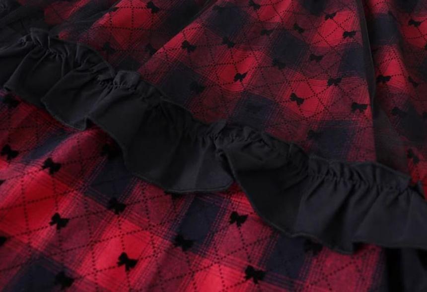 High Waist Plaid Ruffle Panel Mesh Midi A-Line Skirt Product Image