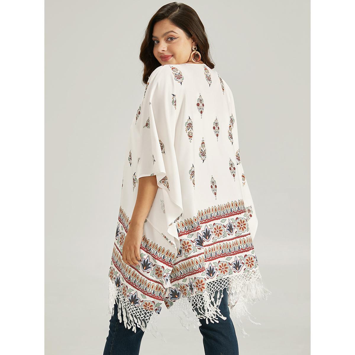 Plus Size Boho Print Asymmetrical Hem Tassel Trim Drape Kimono Women Ivory Casual Drape Loose Dailywear Kimonos BloomChic 22-24/3X Product Image