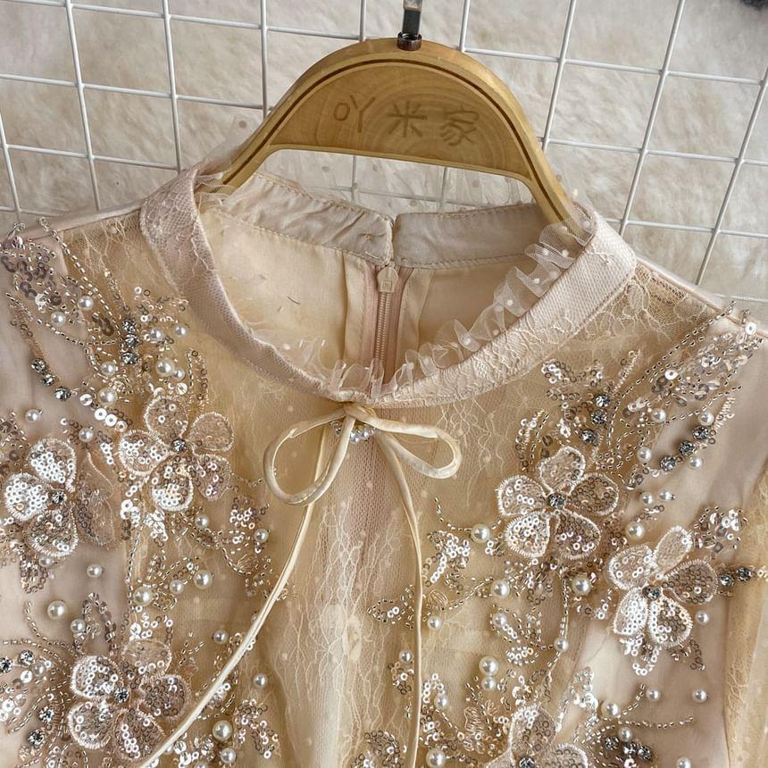Puff-Sleeve Flower Embroidered Sequin A-Line Dress Product Image