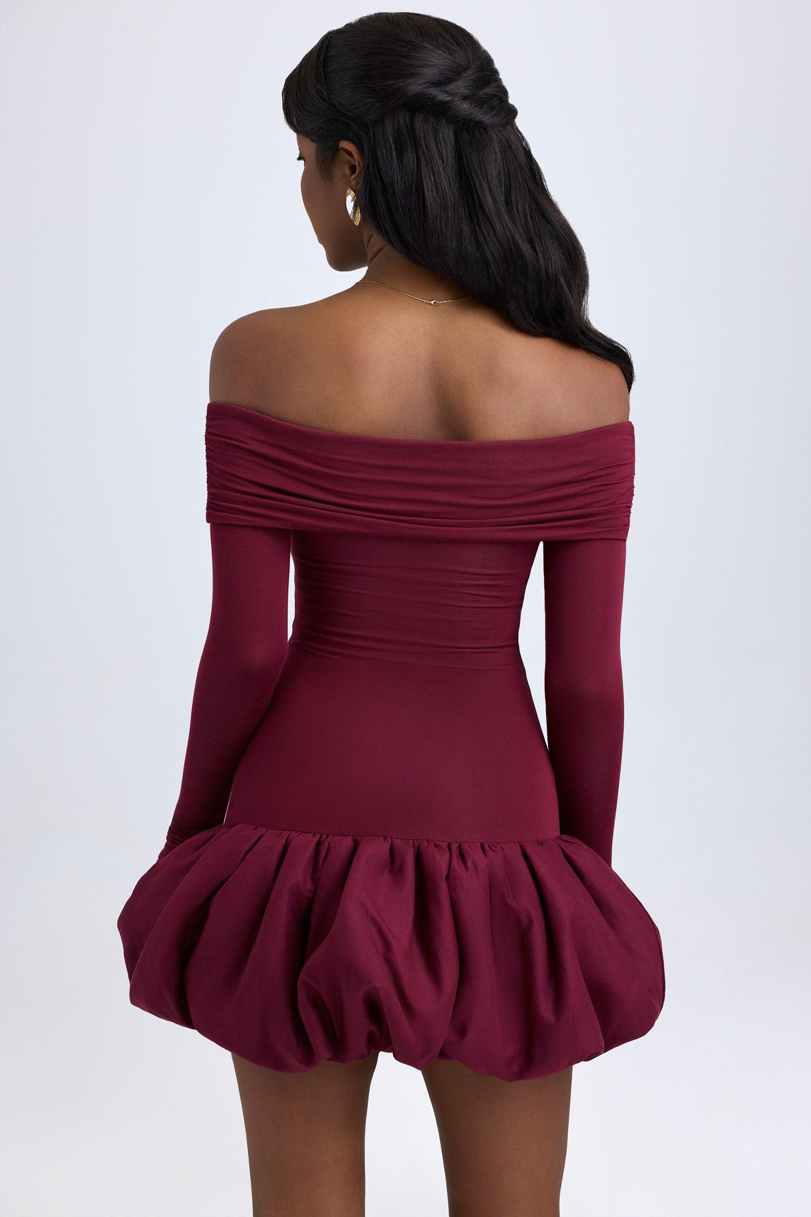 Modal Off-Shoulder Bubble Hem Mini Dress in Wine Red Product Image