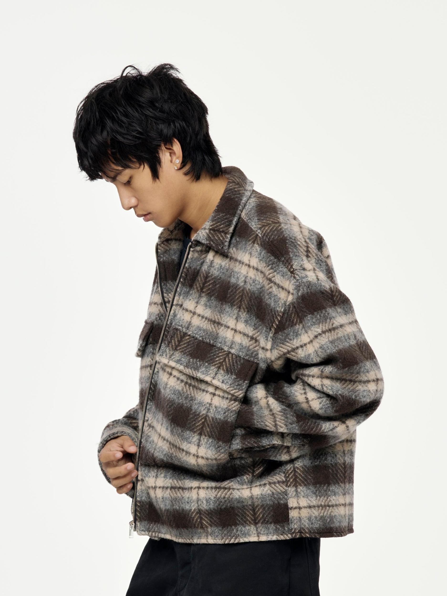 WOOL PLAID QUILTED ZIP UP FLAP POCKET SHIRT (Brown) Product Image
