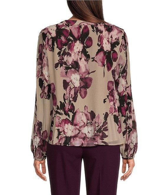 Calvin Klein Floral-Printed Chiffon Pleated V-Neck Long Sleeve Blouse Product Image