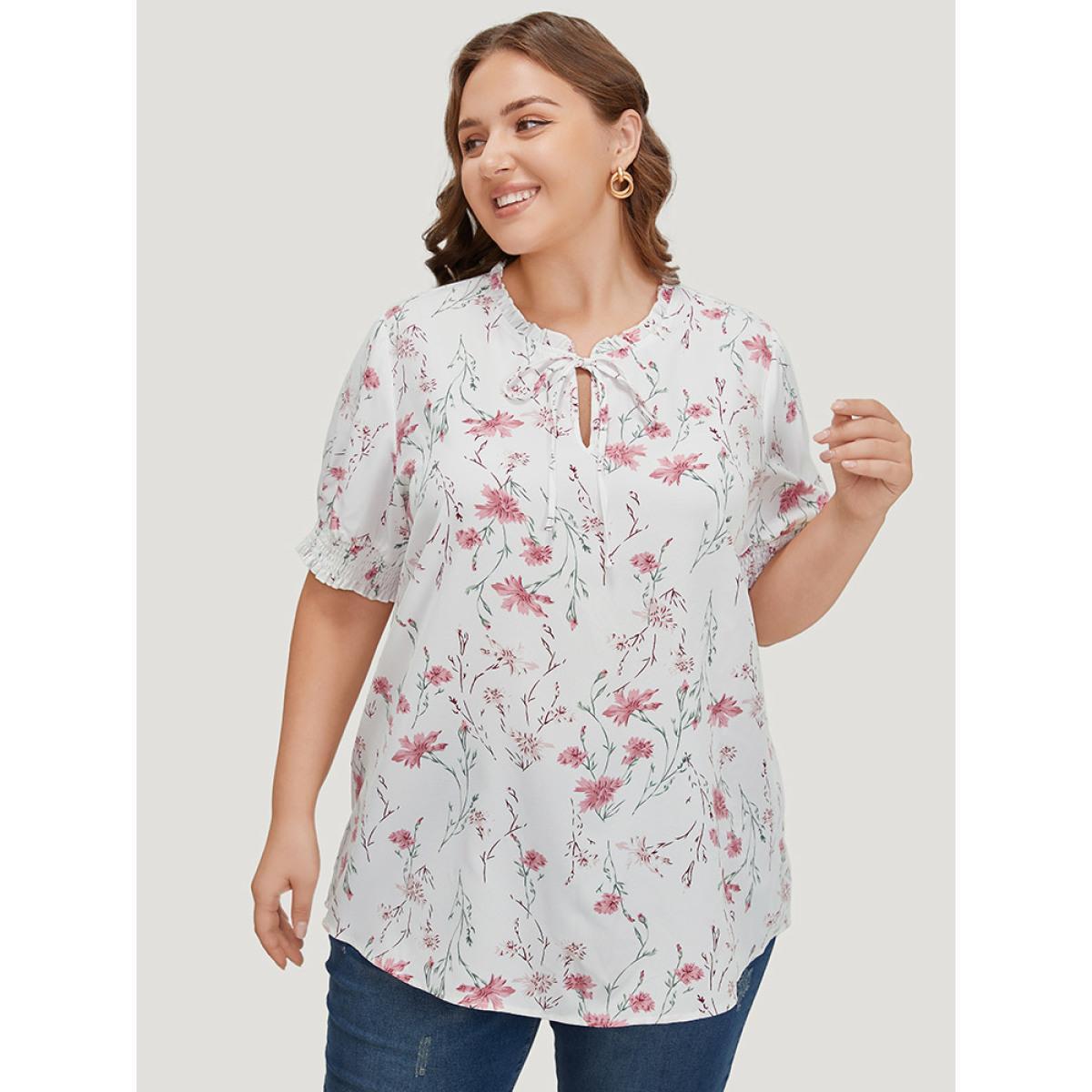 Plus Size White Floral Knot Frill Trim Shirred Lantern Sleeve Blouse Women Elegant Short sleeve Tie Neck Dailywear Blouses BloomChic 26/4X Product Image