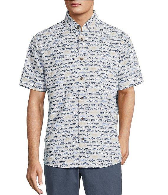 Roundtree & Yorke Performance The Charter Vented Short Sleeve Fish Print Fishing Sport Shirt Product Image