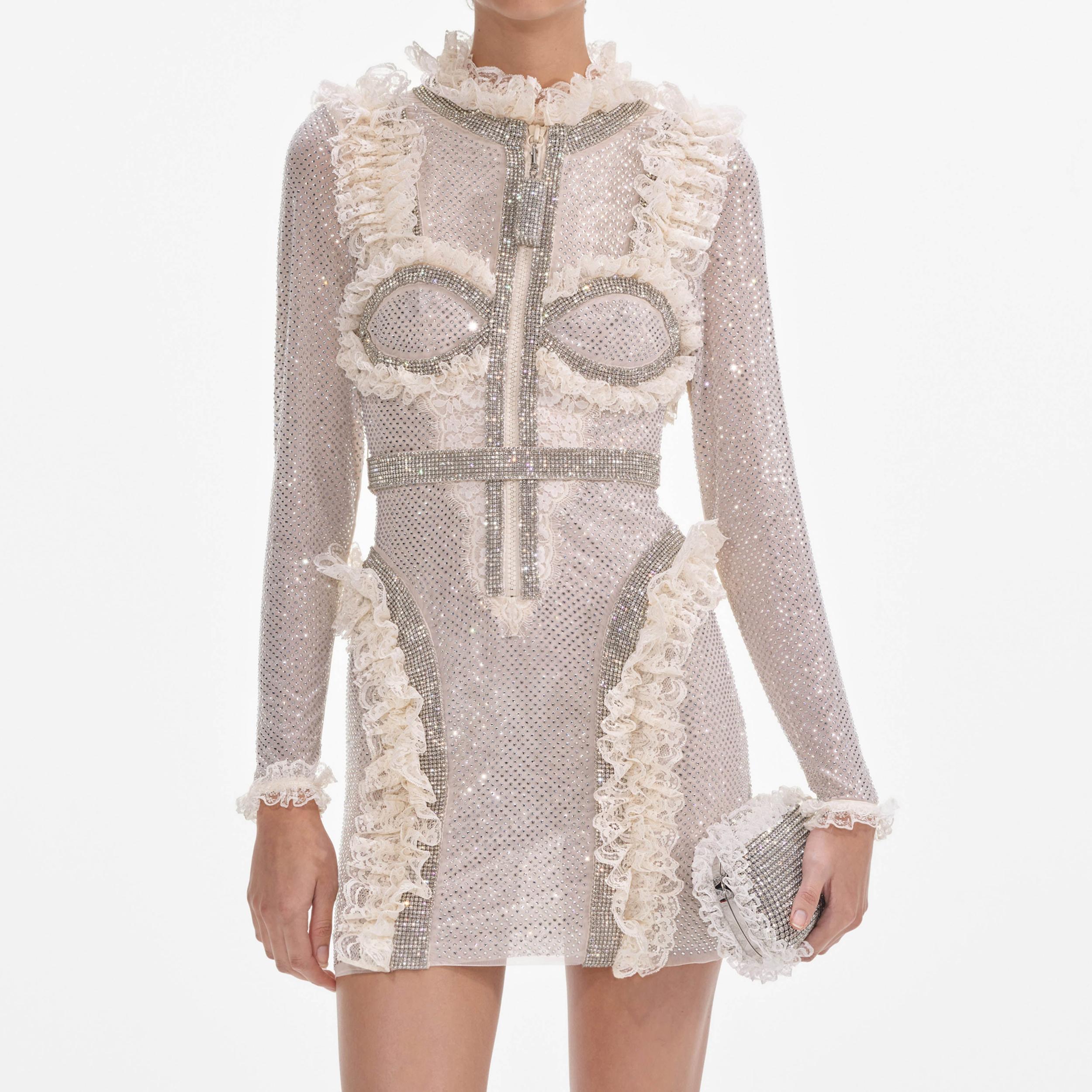 Cream Rhinestone Mesh Ruffle Mini Dress Product Image