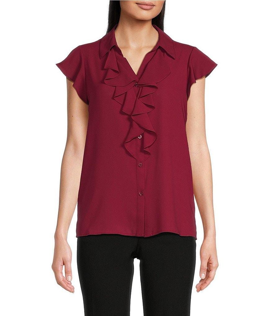 Calvin Klein Collared Flutter Cap Sleeve Cascading Ruffle Button Front Blouse Product Image