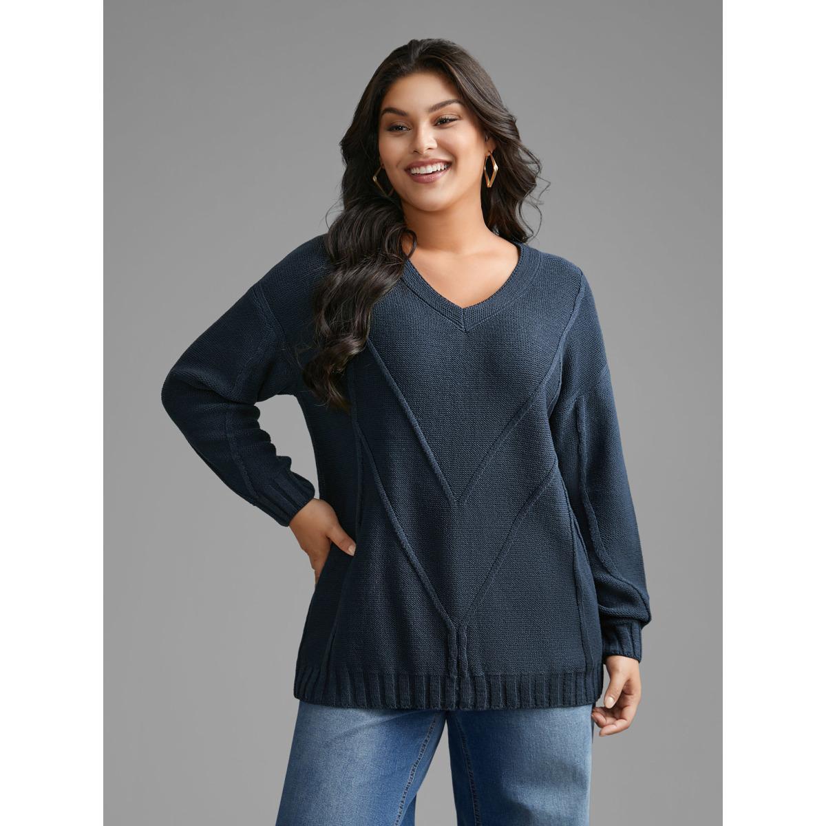 Plus Size V Neck Cable Knit Texture Pullover Midnight Women Casual Loose Long Sleeve V-neck Everyday Pullovers BloomChic 14-16/1X Product Image