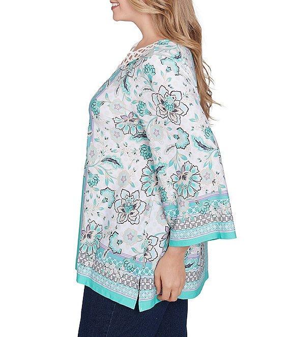 Ruby Rd. Plus Size Crepe Knit Printed Lace Trim V-Neck 3/4 Sleeve Top Product Image