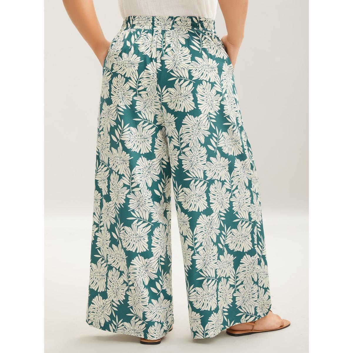 Plus Size Tropical Leaf Pattern Shirred Wide-Leg Pants Women Emerald Resort Wide Leg Mid Rise Vacation Pants BloomChic 18-20/2X Product Image