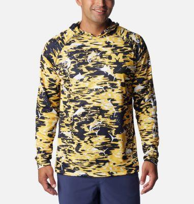 Men's Columbia  Navy Michigan Wolverines PFG Terminal Tackle Omni-Shade Rippled Long Sleeve Hooded T-Shirt, Size: Large, Blue Product Image