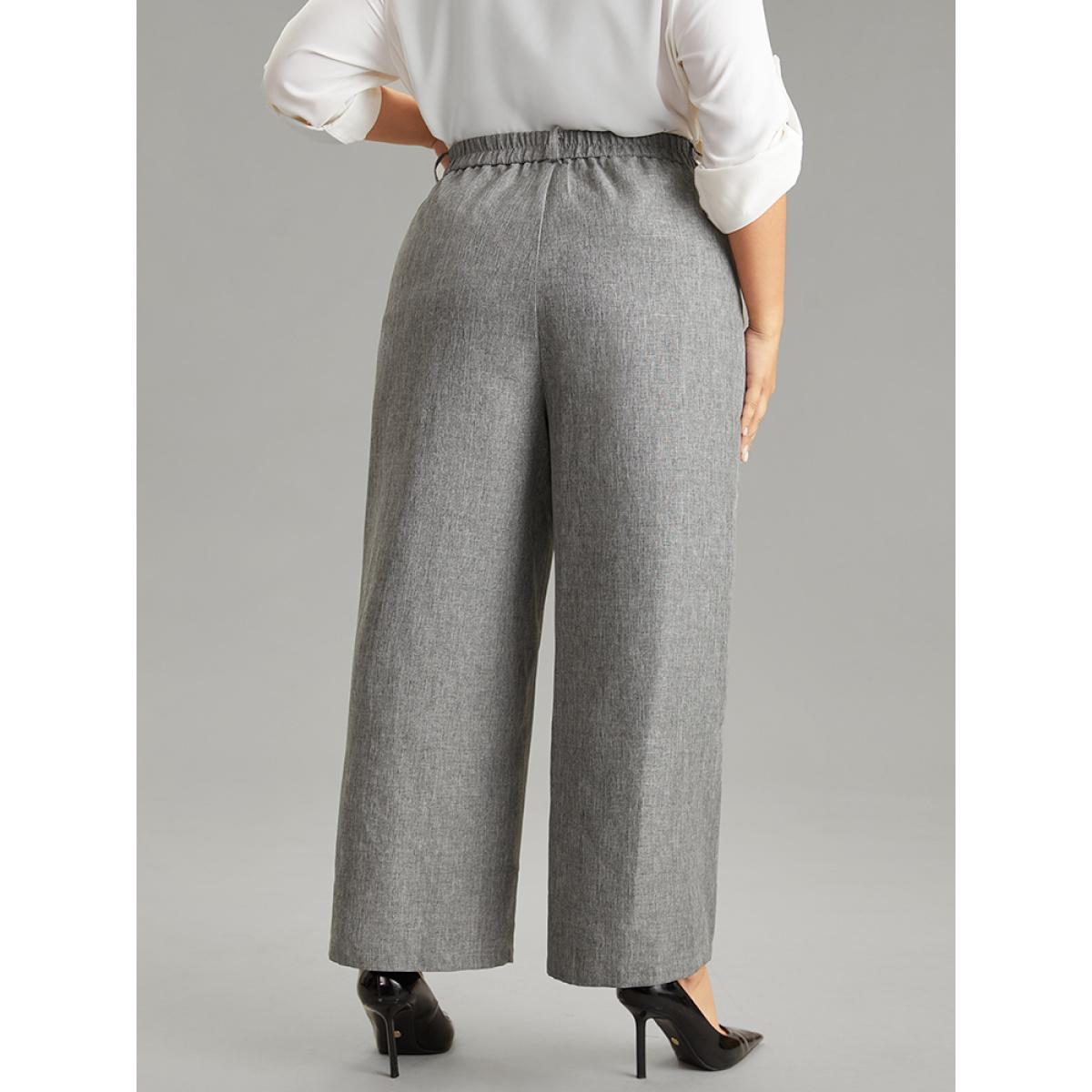 Plus Size Heather Flap Detail Elastic Waist Wide Leg Pants Women DarkGray Office Wide Leg High Rise Work Pants BloomChic 26/4X Product Image