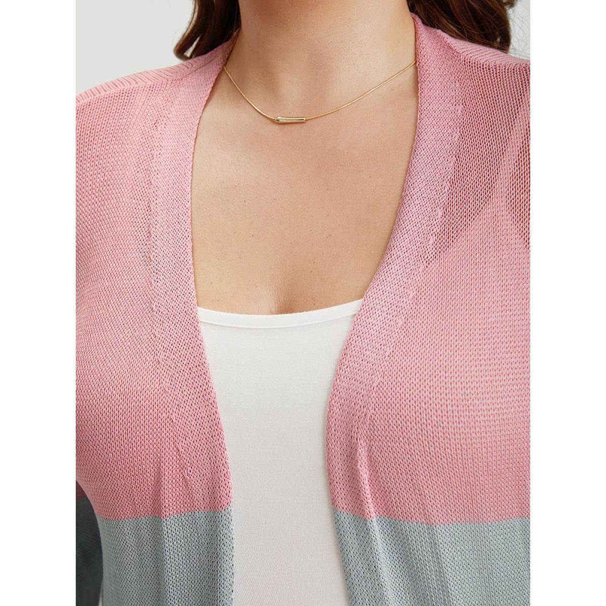 Plus Size Colorblock Pocket Drop Shoulder Elastic Cuffs Contrast Cardigan Pink Women Casual Loose Long Sleeve Dailywear Cardigans BloomChic 18-20/2X Product Image
