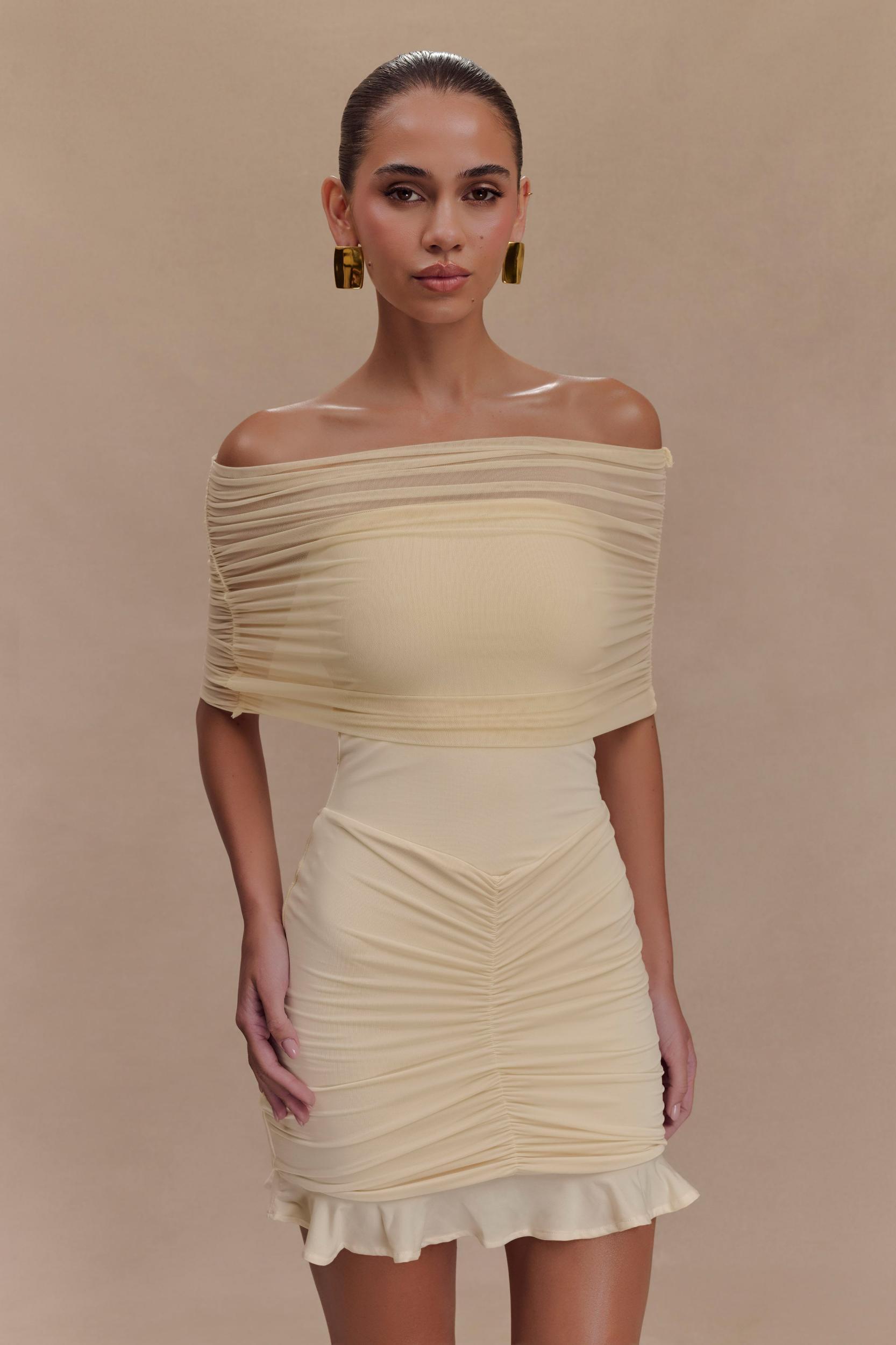 Caspian Slinky And Mesh Off Shoulder Mini Dress - Ivory Product Image