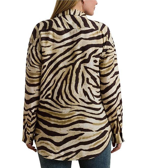 Lauren Ralph Lauren Plus Size Linen Zebra Print Point Collar Long Sleeve Button-Front Shirt Product Image