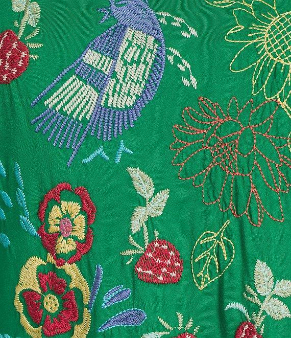 JOHNNY WAS Embroidered Floral Cotton Knit Crew Neck Short Sleeve Asymmetrical Ruffle Hem Dress Product Image