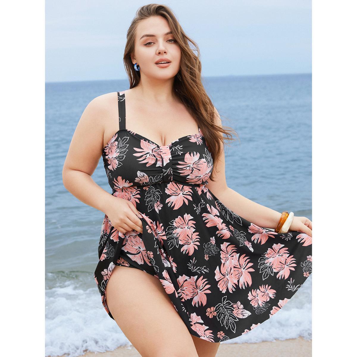 Plus Size Floral Print Gathered Adjustable Straps Swim Dress Women's Swimwear BlackFlower Vacation Bodycon Spaghetti Strap High stretch Curve Swim Dresses BloomChic 10/M Product Image