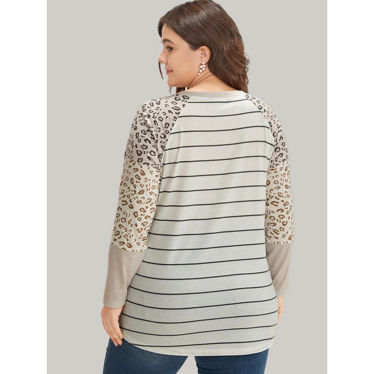 Plus Size Leopard Striped Patchwork Raglan Sleeve T-shirt Multicolor Women Casual Patchwork Leopard Round Neck Dailywear T-shirts BloomChic 12/L Product Image