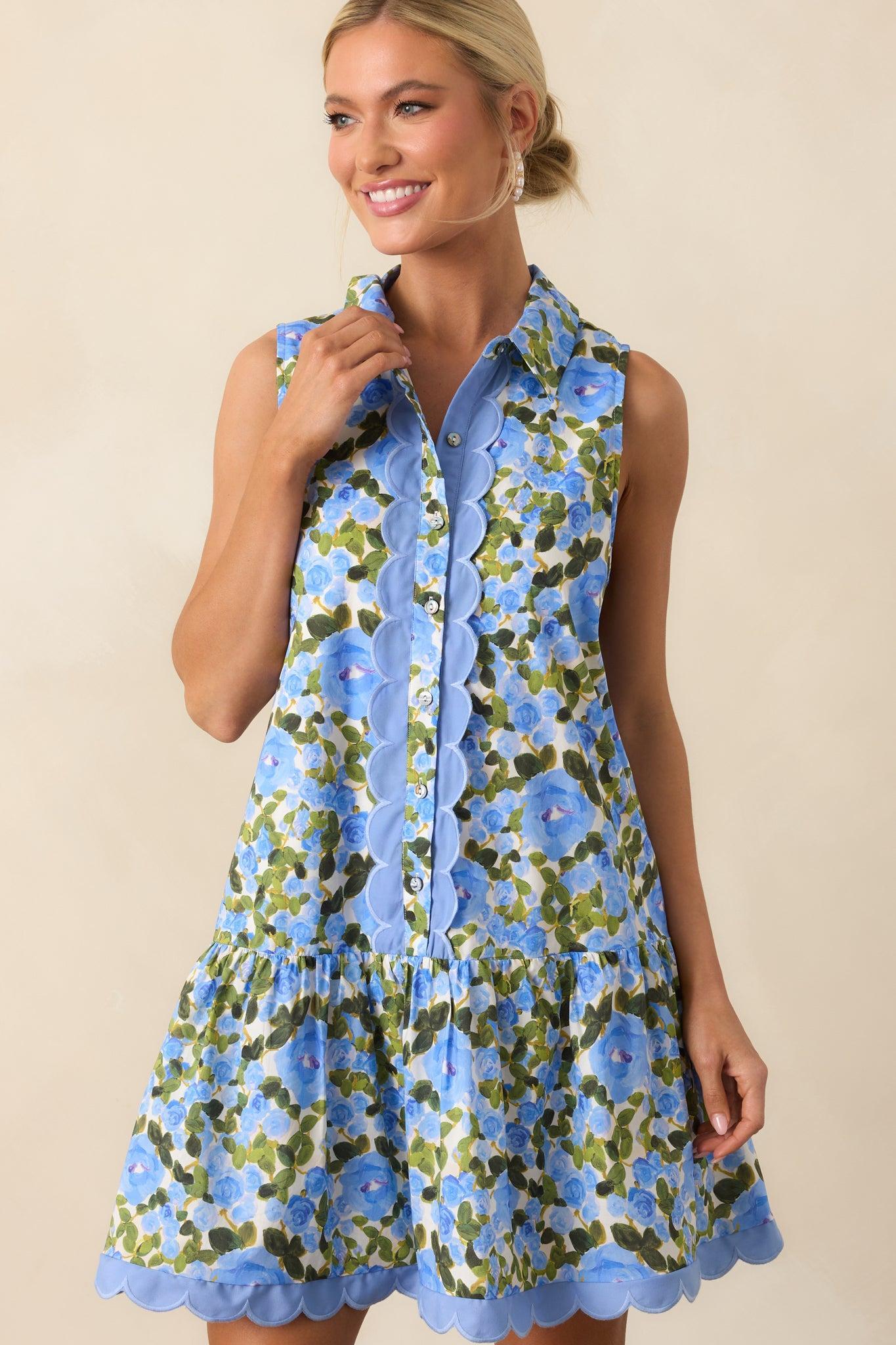 A Day To Remember Blue Floral Cotton Mini Shirt Dress Product Image